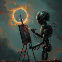 A creative robot painting a dinglehopper during a solar eclipse